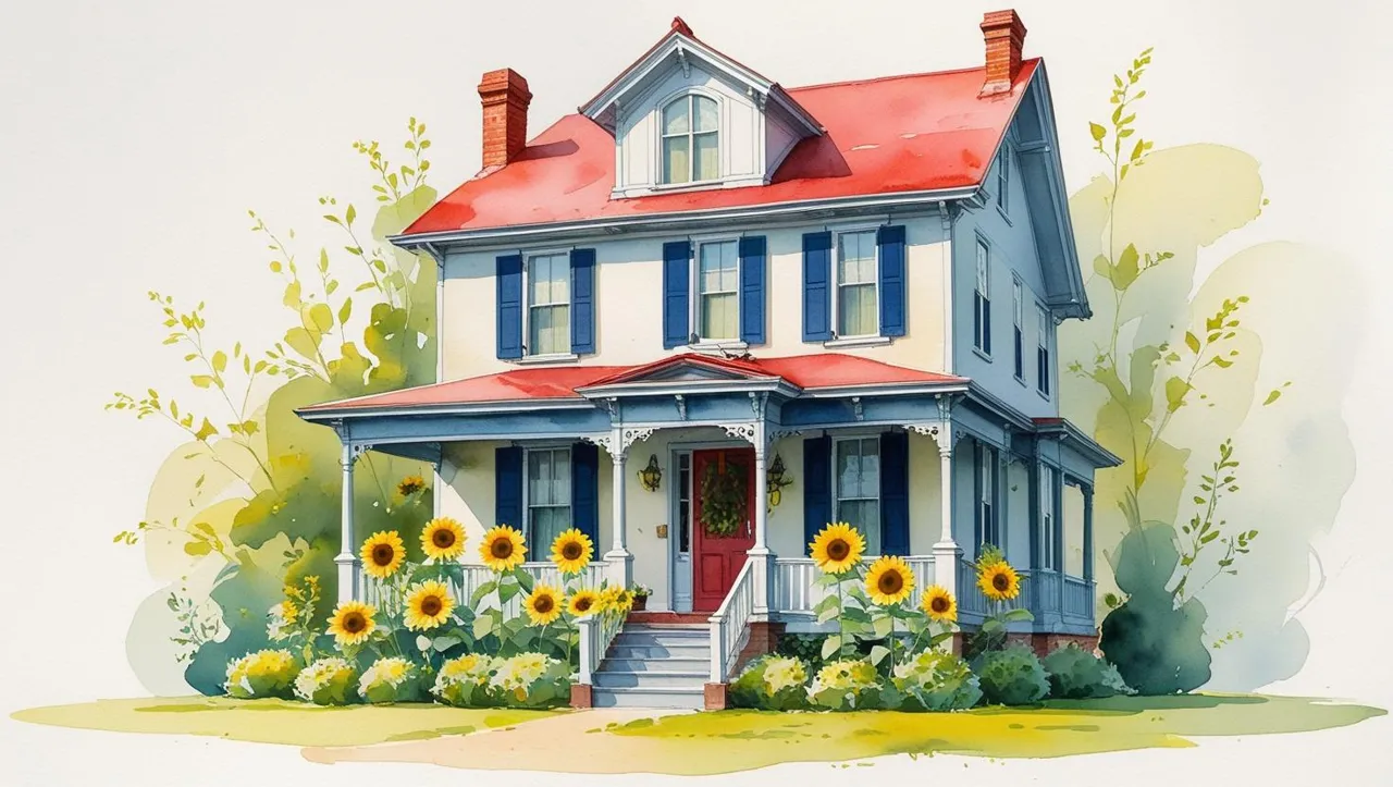 A watercolor painting of a charming two-story house with a red roof, blue shutters, and a white wrap-around porch adorned with intricate fretwork. The house is surrounded by a vibrant garden featuring bright yellow sunflowers, green shrubs, and a grassy foreground. A red front door with a green wreath adds a welcoming touch, while the soft, blurred greenery in the background creates a serene, summery atmosphere.