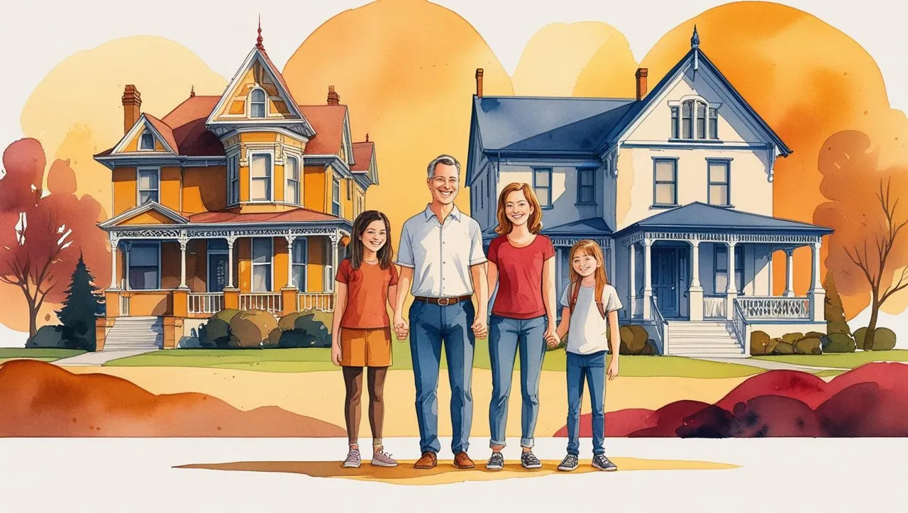 A blended family of four—two parents and two children—stand smiling together in front of two houses with autumn trees in the background, symbolizing unity and estate planning for families. Estate Planning for Blended Families in Missouri.