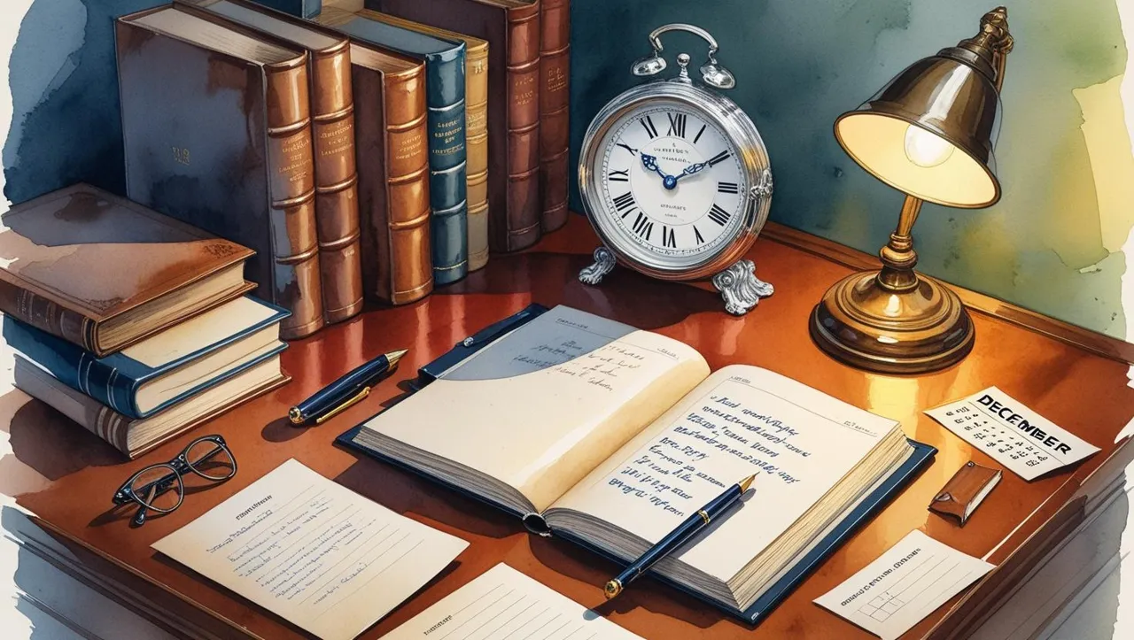 Antique desk with open planner, fountain pens, books, and a clock highlighting year-end deadlines. The scene symbolizes the urgency of financial planning before December. How to reduce estate taxes in Missouri.