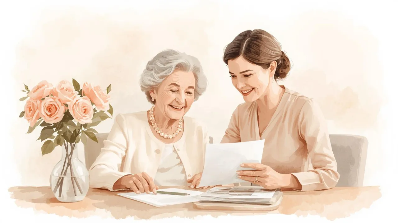 An elegant elderly woman in her sixties and her professional-looking daughter in her forties sit together at a cozy kitchen table, smiling warmly as they review documents. A vase of roses is subtly placed in the background, adding a gentle decorative touch. The scene conveys trust, collaboration, and care in a soft, refined watercolor style.