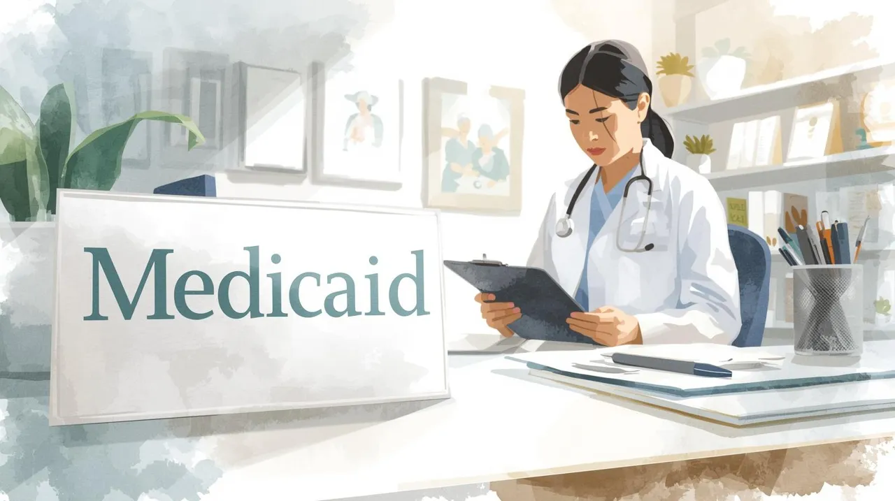 A watercolor illustration of a doctor’s office with a plate on the desk prominently displaying the word 'Medicaid' in bold, professional lettering. In the background, a doctor in a white coat is seen filling out documents, adding a human touch to the scene. The desk features a clipboard, a stethoscope, and a pen holder, reinforcing the medical setting. The background includes subtle details like medical posters and a bookshelf, creating a realistic yet uncluttered environment. The overall color palette includes soft cream tones with hints of muted blues and greens, adding warmth and vibrancy to the image.