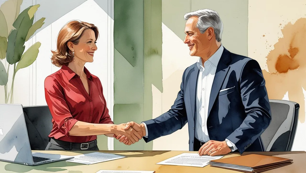 A watercolor-style illustration of a middle-aged woman and a middle-aged man shaking hands in a modern office setting. Both individuals appear professional and confident, with warm, approachable expressions that convey trust and collaboration. A desk in the foreground features visible documents, a laptop, and a contract folder, emphasizing the business context. The scene incorporates Polaris Law Group’s brand colors: navy blue for the man’s blazer, crimson red for the woman’s blouse, and complementary tones like soft greens, warm browns, and neutral beige in the background. The overall tone evokes professionalism, trust, and a successful business transition.