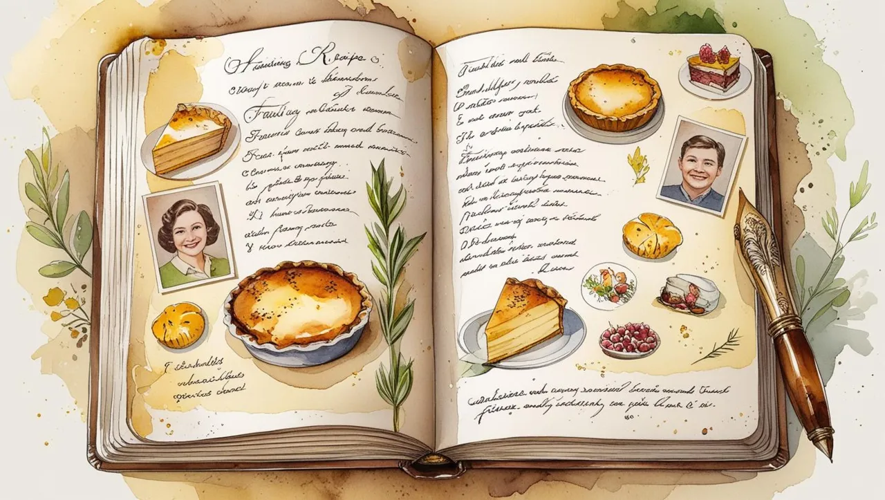 estate planning for family recipes. Watercolor illustration of an open recipe book with handwritten notes, family photos, and small food sketches, featuring warm tones of soft browns, greens, and yellows to evoke nostalgia and warmth.