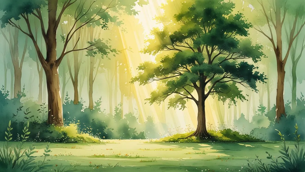 eco-friendly estate planning. Watercolor illustration of a serene memorial forest with a single highlighted tree surrounded by soft greens and browns. Golden sunlight streams through the canopy, creating a peaceful and reflective atmosphere. Small wildflowers and birds enhance the natural setting, symbolizing environmental stewardship and lasting legacy.