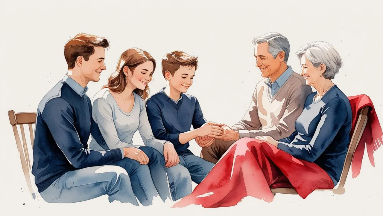special needs trust Missouri. Watercolor illustration of a family sitting together in a supportive circle. A parent holds the hand of a young adult or teenager, with two grandparents nearby, symbolizing multi-generational support. The family members share warm smiles and comforting body language. The scene features navy blue clothing accents, crimson red details like a blanket or chair, and a soft neutral-toned background, creating a calm and reassuring atmosphere that emphasizes care, unity, and planning for the future.