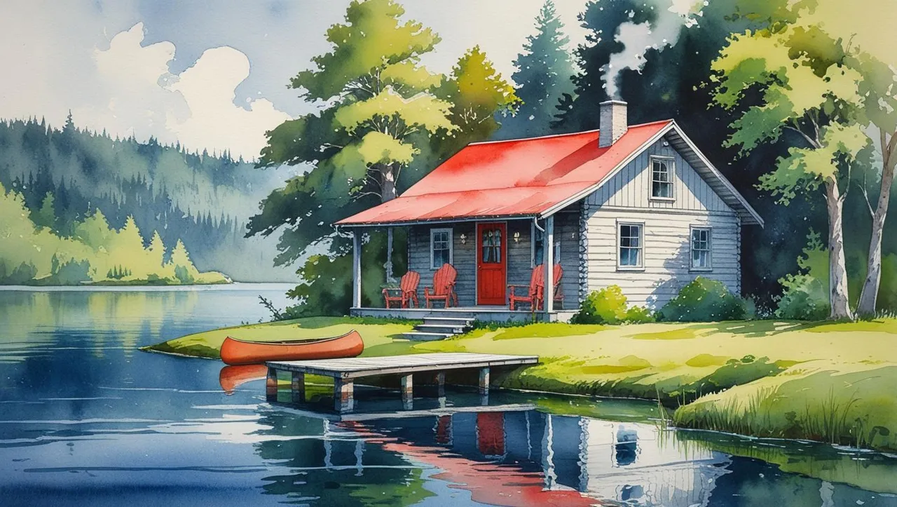 vacation home inheritance. Watercolor illustration of a cozy family cabin with a crimson red roof by a tranquil navy blue lake, surrounded by lush green trees and a small wooden dock. Subtle details include a canoe by the dock and smoke rising from the chimney, evoking warmth, nostalgia, and family tradition.