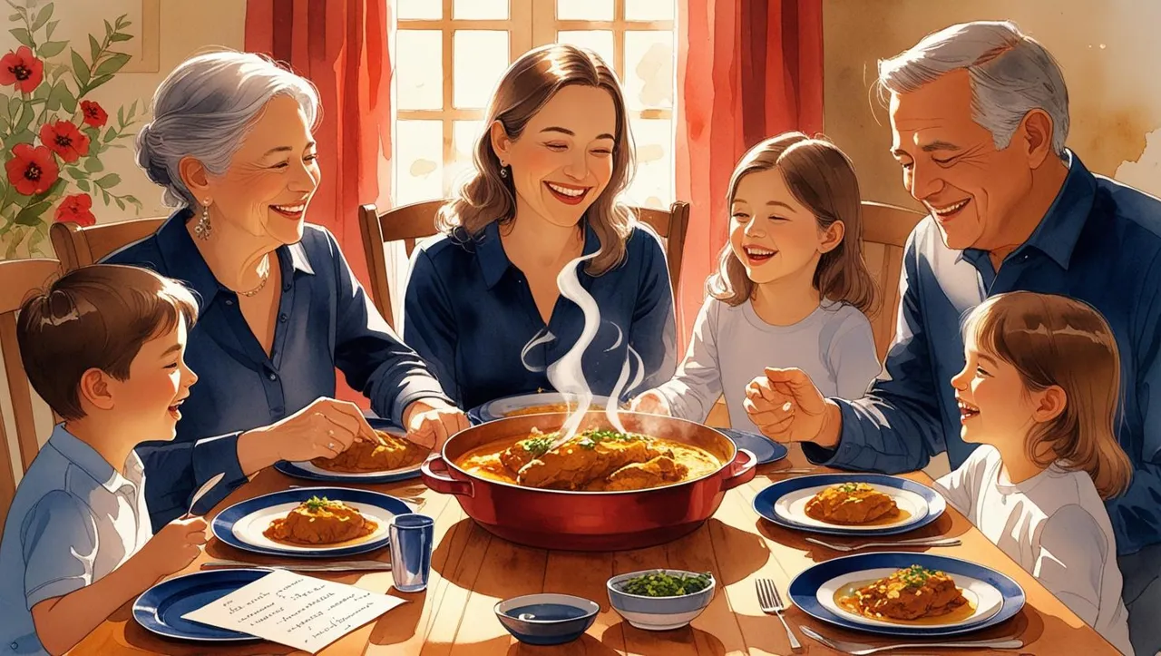 family recipes estate planning. Watercolor illustration of a three-generational family gathered around a dinner table. Two grandparents with gray hair sit alongside their adult daughter and her three young children. The table is set with navy blue tableware, crimson red napkins, and a floral centerpiece, with steaming dishes and a handwritten recipe card nearby. The family is laughing and enjoying the meal together, creating a warm and nostalgic atmosphere that highlights the bond between generations and the joy of preserving family traditions.