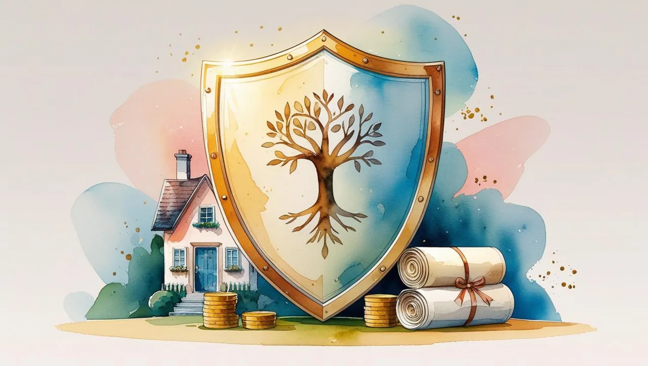 A shield with a family tree symbol stands in front of a house, coins, and legal scrolls, representing protection of family assets from outside claims. Protecting inheritance from divorce in Missouri.