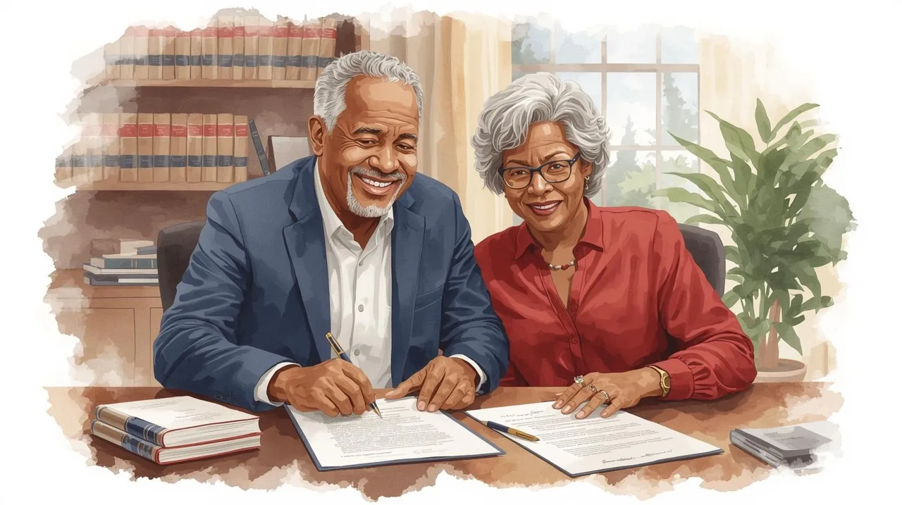 A watercolor-style illustration of an older African American couple in their late 60s sitting together at a desk in a lawyer’s office, smiling warmly as they review legal documents. The man wears a navy blue sweater, and the woman wears a crimson red scarf, reflecting brand colors. On the desk, there is a stack of papers and a pen, emphasizing the act of estate planning. The background features a warm and inviting office setting with a bookshelf, potted plant, and a window. The color palette includes navy blue, crimson red, and neutral tones, creating a professional and approachable atmosphere.