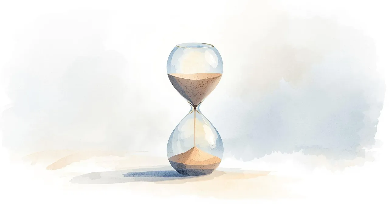 Watercolor illustration of an hourglass with sand running out, symbolizing urgency and limited time for long-term care planning. Missouri Medicaid Asset Protection.