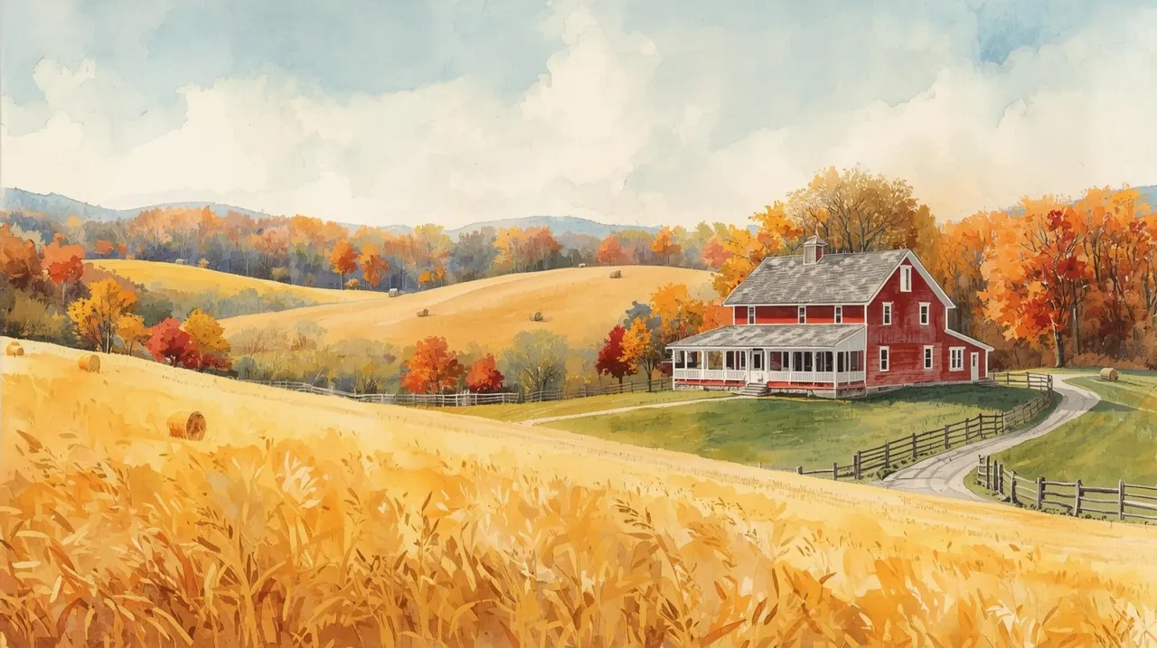 Watercolor painting of a Missouri family farm in autumn, featuring a red barn-style house surrounded by golden fields and colorful trees, symbolizing farm succession planning and family legacy. Farm succession planning in Missouri.