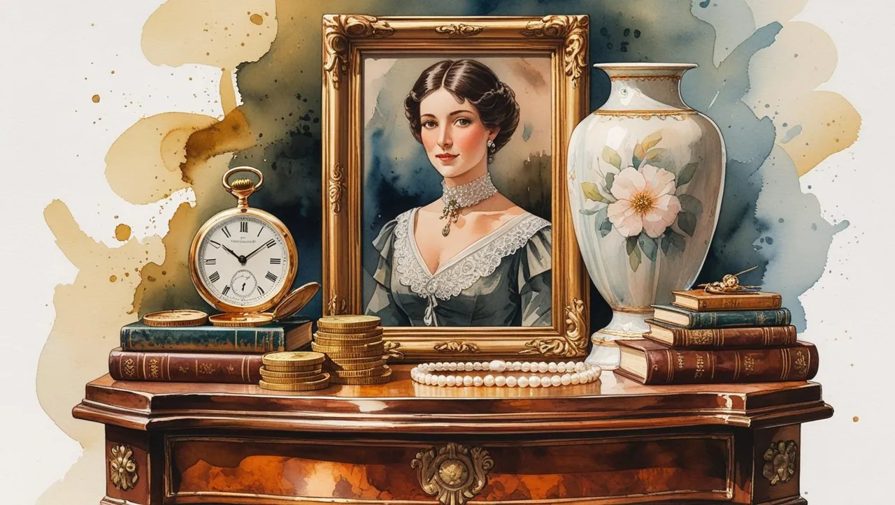 Collectibles estate planning concept with an antique portrait, vintage pocket watch, coins, jewelry, books, and heirlooms on display.