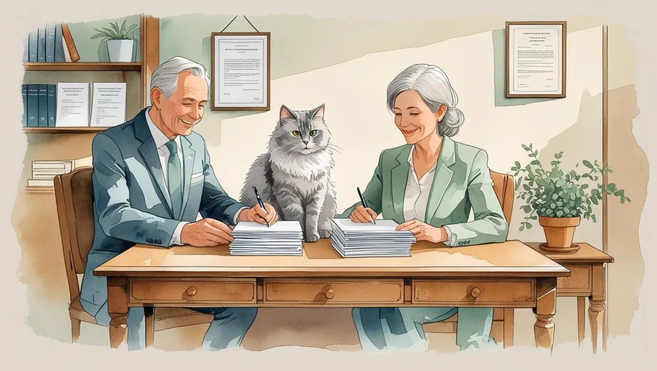 A warm watercolor illustration of an older couple sitting at a desk with a female lawyer, reviewing documents together. The couple has a cat sitting calmly in one of their laps, symbolizing the focus on pet care in estate planning. The female lawyer appears approachable and engaged, leaning slightly over the desk with a pen and a stack of papers. The scene is set in a professional yet inviting office with soft tones of beige, light blue, and green, and subtle background details like a bookshelf, certificates, and a potted plant, creating a calm and thoughtful atmosphere.