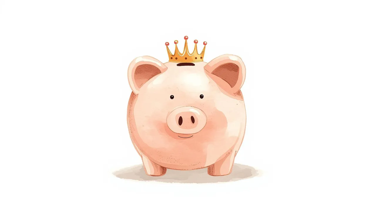 Watercolor illustration of a pink piggy bank wearing a small gold crown, symbolizing savings, protection, and financial planning for the future. Wills vs Trusts in Missouri.