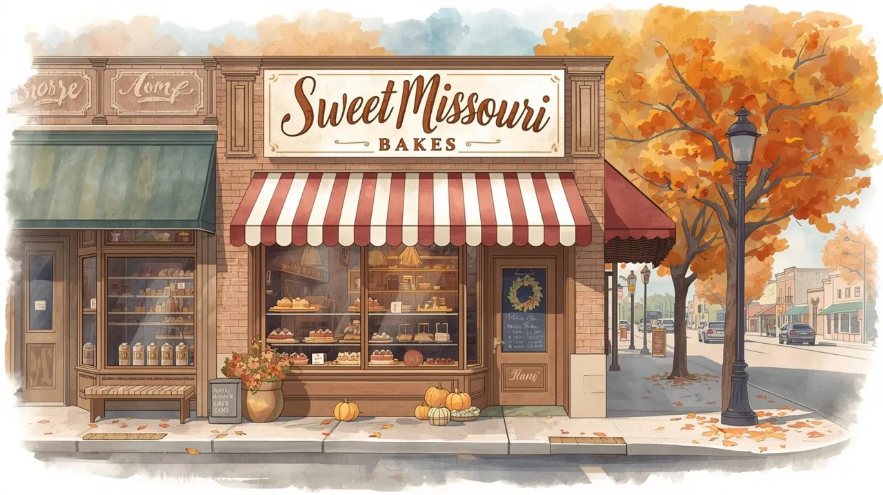 A charming small-town bakery in Missouri with a red-and-white striped awning, autumn leaves on the ground, pumpkins by the door, and warm light glowing from the shop windows, evoking a cozy fall atmosphere on Main Street. Estate planning for small businesses.