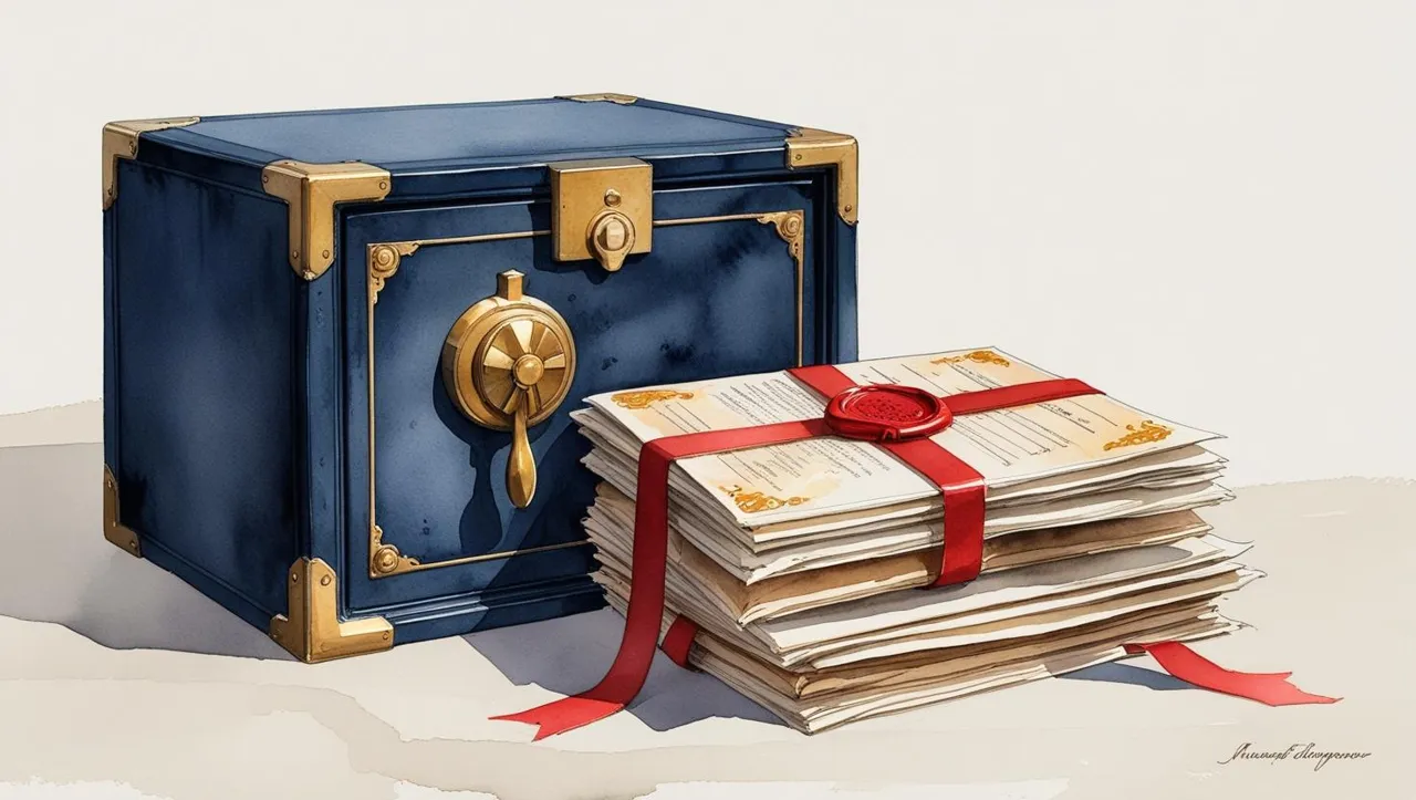 Watercolor illustration of an open safe containing neatly stacked important documents, with one document prominently featuring a red wax seal. The safe is depicted in warm tones of gold, beige, and soft gray, symbolizing security and organization.