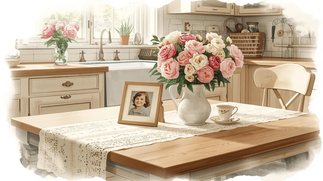Missouri estate planning for stepchildren. Watercolor illustration of an old-fashioned kitchen table set in a cozy, vintage-style kitchen. The table features a vase of blooming pink and white peonies, a delicate teacup on a saucer, and a framed watercolor-style photograph of a child, symbolizing stepchildren and family connections. The table is covered with a lace or embroidered tablecloth, and the background hints at a vintage kitchen with soft light streaming through a window. The focus is on the table and its meaningful items, evoking warmth, nostalgia, and the importance of thoughtful family planning.